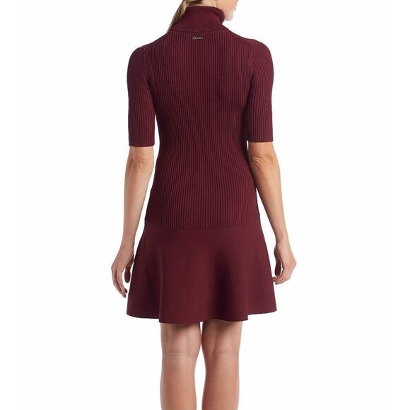 New! MICHAEL KORS Women's Turtleneck Sweater Dress Ribbed Body Flared Hem Merlot - Picture 4 of 6